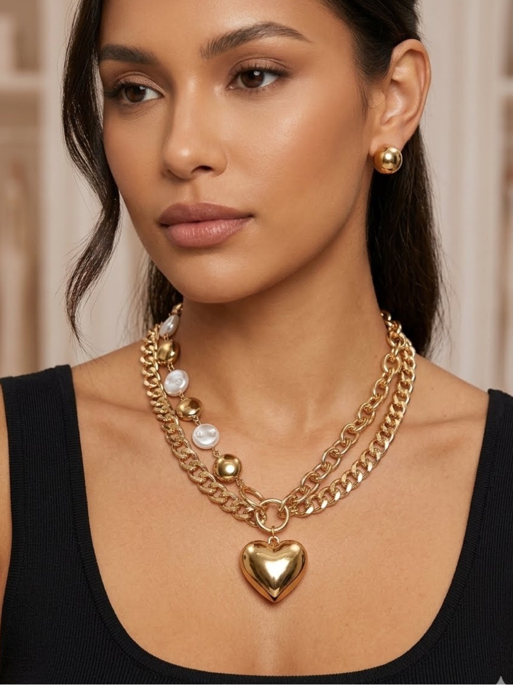Michele Gold Layered Heart Pendant Necklace with earrings